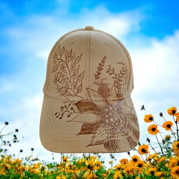 Hand Burned Floral Baseball Cap, Faux Suede. Unique - Picture 1 of 6